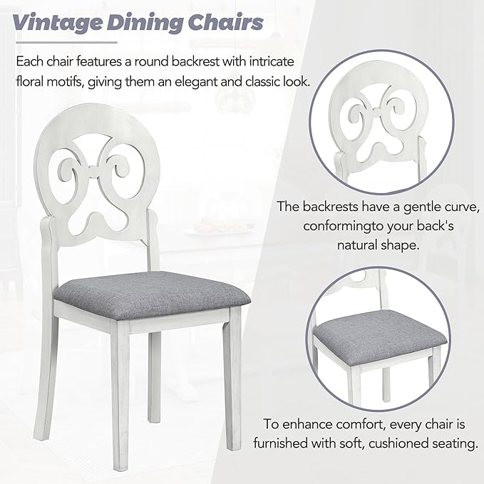Mid-Century Trestle Victorian Round Upholstered 4 Chairs and Long Bench, Easy Assembly and Clean, Rubber Wood, Room, 6 Piece Dining Table Set, Antique White 1 - LeafyLoom