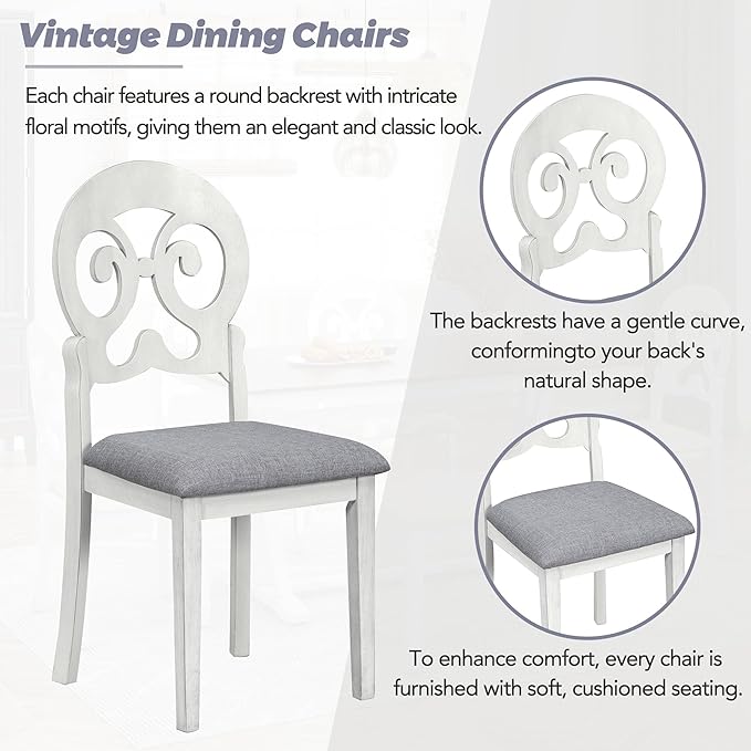 Dining Table Set for 6, Mid-Century 6-Piece Dining Room Table Set with Victorian Round Upholstered Dining Chairs and Long Bench, Kitchen Table Set for Living Room, Grey+Antique White - LeafyLoom