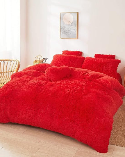 FOPPA Christmas red Comforter Cover Set Queen - Ultra Soft Plush red Bedding Sets 3 Pieces (1 Faux Fur Duvet Cover + 2 Faux Fur Pillow case) red Bed Set Queen (Red, Queen) - LeafyLoom