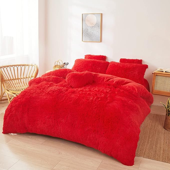 Fluffy Red comforters Cover twin size - Ultra Soft Plush red bedding Sets 2 Pieces (1 faux fur comforter Cover + 1 fuzzy pillow case) girls shaggy red twin bed set (Red, Twin) - LeafyLoom