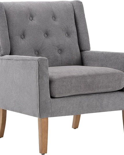 COLAMY Mid-Century Accent Chairs, Modern Wingback Living Room Chair, Upholstered Armchair with Button Tufted Back and Wood Legs for Bedroom/Office/Reading Spaces, Grey - LeafyLoom