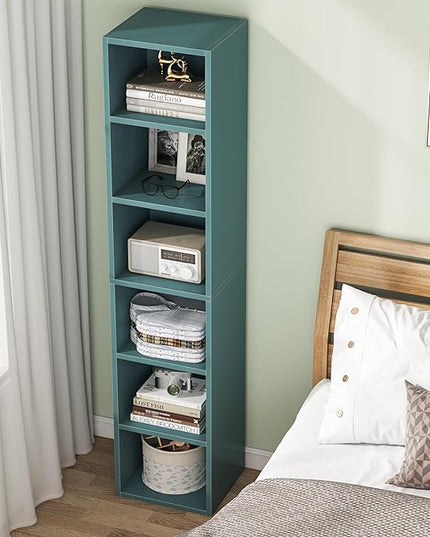 70.9 Inch Tall Narrow Bookcase, Corner Bookshelf 6 Tier Cube Display Shelf Storage Organizer for Small Space, Blue - LeafyLoom