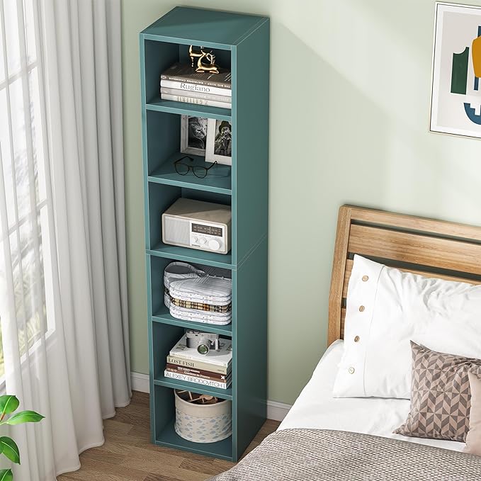 70.9 Inch Tall Narrow Bookcase, Corner Bookshelf 6 Tier Cube Display Shelf Storage Organizer for Small Space, Blue - LeafyLoom