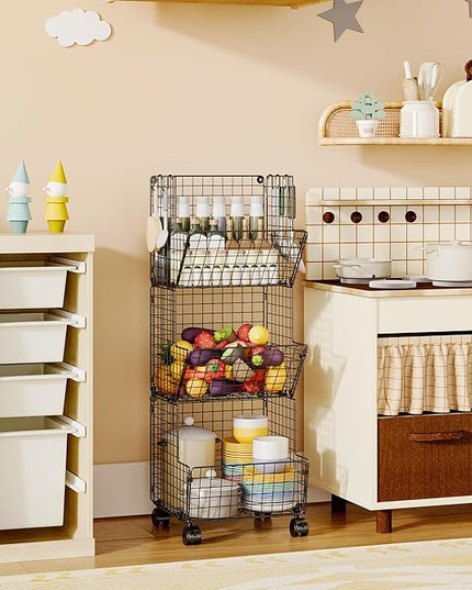 3 Tier Metal Wire Baskets - Toy Organizer Basket Shelf with Wheel, S-Hooks, Rolling Cart Hanging Storage Baskets for Child Room, Playroom, Bedroom, Kitchen (Black) - LeafyLoom