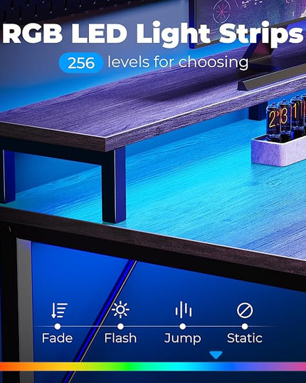 SUPERJARE 55 inch Computer Desk with LED Lights & Power Outlets, Gaming Desk with Monitor Shelf, Small Office Desk for Home & Office, Grey - LeafyLoom