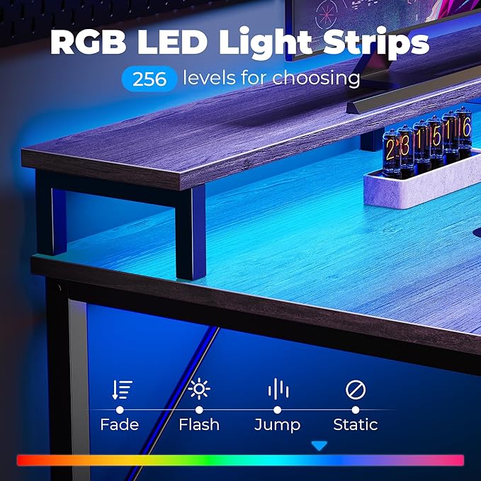 SUPERJARE 55 inch Computer Desk with LED Lights & Power Outlets, Gaming Desk with Monitor Shelf, Small Office Desk for Home & Office, Grey - LeafyLoom