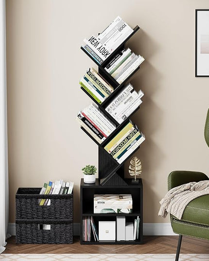 Vagusicc 6 Tier Tree Bookshelf, Modern Floor Standing Bookcase with Storage Drawer, Space Saving Storage Organizer Book Shelves for Books, Tall Wood Storage Rack for Bedroom/Living Room/Home Office - LeafyLoom