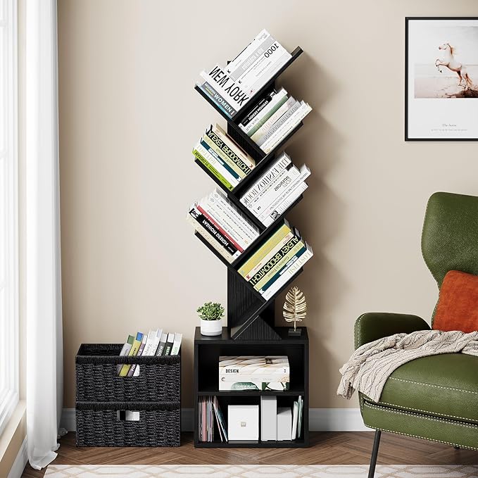 Vagusicc 6 Tier Tree Bookshelf, Modern Floor Standing Bookcase with Storage Drawer, Space Saving Storage Organizer Book Shelves for Books, Tall Wood Storage Rack for Bedroom/Living Room/Home Office - LeafyLoom