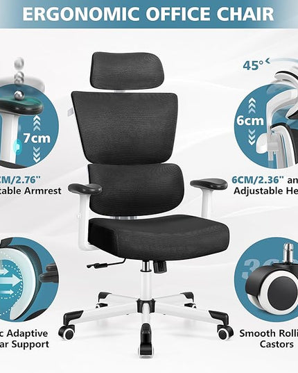 Primy Office Chair Ergonomic Desk Chair, High Back Computer Gaming Chair, Comfy Big and Tall Home Office Chair with Lumbar Support, Breathable Mesh Reclining Chair Adjustable Armrests Headrest(White) - LeafyLoom