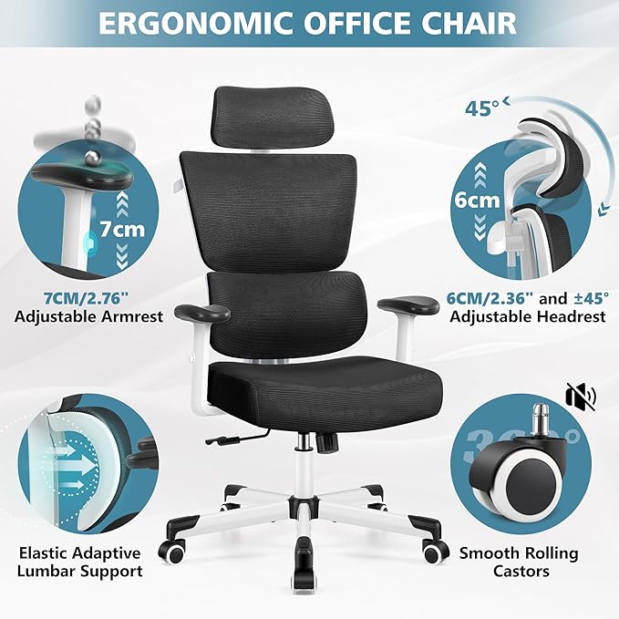 Primy Office Chair Ergonomic Desk Chair, High Back Computer Gaming Chair, Comfy Big and Tall Home Office Chair with Lumbar Support, Breathable Mesh Reclining Chair Adjustable Armrests Headrest(White) - LeafyLoom