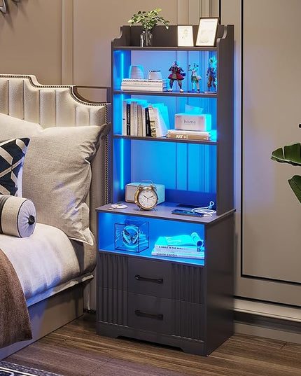 Vlsrka Tall Nightstand with Charging Station, 54" Smart Nightstand with LED Lights, Modern Night Stand with Bookshelf, Bedside Tables with Storage Cabinet for Bedroom, Grey - LeafyLoom