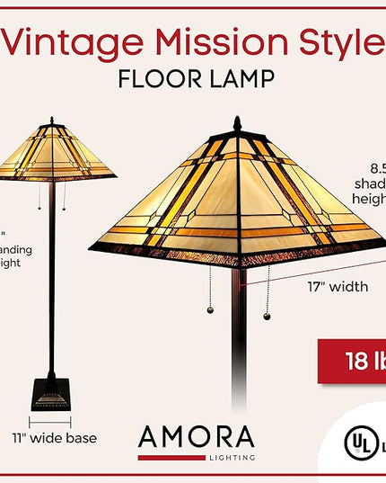 Amora Tiffany Floor Lamp Torchiere - Vintage Standing Light Floor Lamp - 61” Tall Floor Stained Glass Lamp - Tiffany Floor Lamps for Living Room - LeafyLoom
