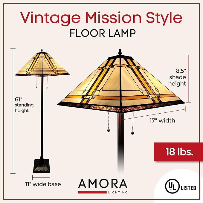 Amora Tiffany Floor Lamp Torchiere - Vintage Standing Light Floor Lamp - 61” Tall Floor Stained Glass Lamp - Tiffany Floor Lamps for Living Room - LeafyLoom