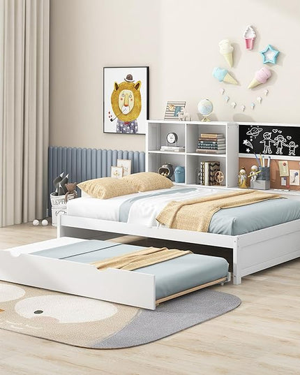 Wooden Full Size Daybed with Twin Trundle, USB Ports, Storage Shelves, Blackboard, Cork board, White - LeafyLoom