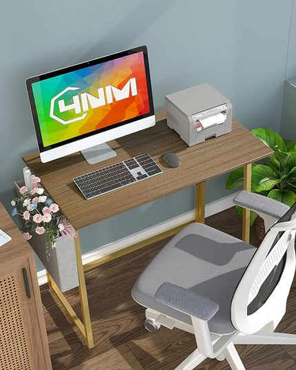 4NM 31.5" Small Desk with Storage Bag, Simple Assembly Folding Computer Desk Home Office Desk Study Writing Table for Small Space Offices - Brown and Golden - LeafyLoom