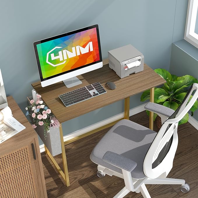 4NM 31.5" Small Desk with Storage Bag, Simple Assembly Folding Computer Desk Home Office Desk Study Writing Table for Small Space Offices - Brown and Golden - LeafyLoom