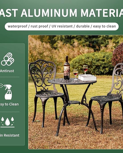 Outdoor Bistro Set 3 Piece Patio Bistro Set with Umbrella Hole, Weather Resistant Bistro Table and Chairs Set of 2 for Porch Garden, Bronze - LeafyLoom