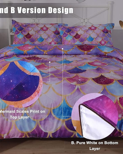 ENCOFT Girls Comforter Sets Full Size, Pink and Purple 3D Mermaid Scale Comforter Set 3 Pieces with Pillow Shams, No Sheet, Full Size Kids Bedding Set, Girls Bedroom Decor - LeafyLoom