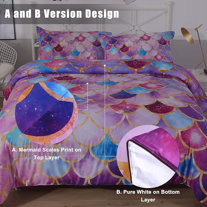 ENCOFT Girls Comforter Sets Full Size, Pink and Purple 3D Mermaid Scale Comforter Set 3 Pieces with Pillow Shams, No Sheet, Full Size Kids Bedding Set, Girls Bedroom Decor - LeafyLoom