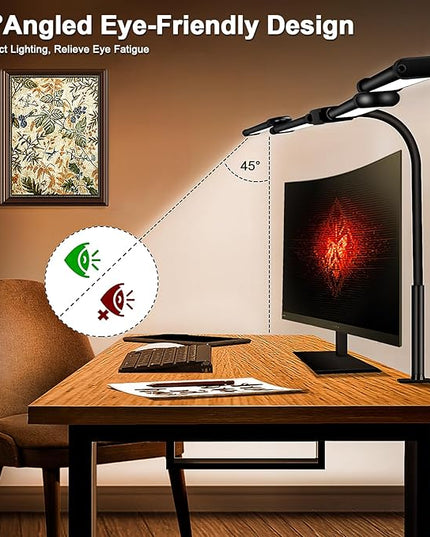 LED Desk Lamp for Home Office, 24W Bright Office Desk Lamp with Desktop Dimmer, 46" Multi-screen Computer Monitor Architect Clamp Desk Light, Color and Dimming LED Table Light for Work Study - LeafyLoom