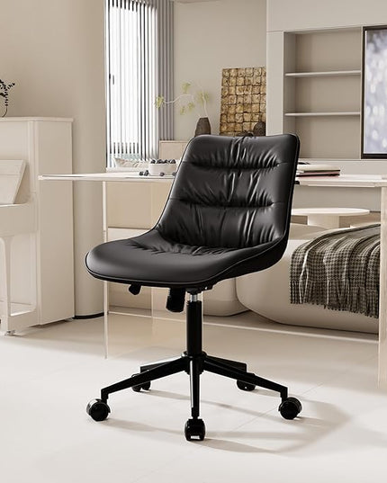 Kidol & Shellder Armless Office Chair Desk Chair Comfy Makeup Vanity Chair with Back Ergonomic Swivel Chair Home Office Desk Chairs with Wheels Rolling Computer Chair Bedroom Accent Chair(Black) - LeafyLoom