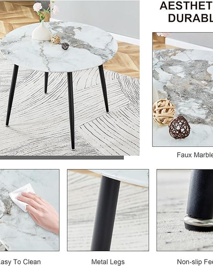 NicBex Modern Round Minimalist Circular Dining Table with A Diameter of 40 Inches, a 0.3 Inch Thick White Imitation Marble Pattern Tabletop and Black Metal Legs, White - LeafyLoom