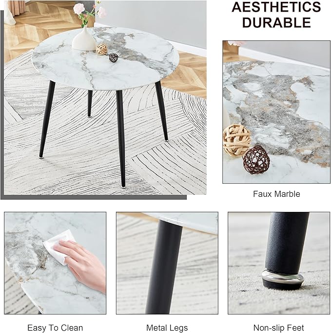 NicBex Modern Round Minimalist Circular Dining Table with A Diameter of 40 Inches, a 0.3 Inch Thick White Imitation Marble Pattern Tabletop and Black Metal Legs, White - LeafyLoom