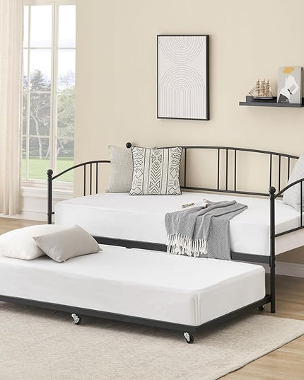 IDEALHOUSE Twin Daybed with Trundle, Metal Twin Size Daybed with Pullout Trundle 6 Casters, Steel Slat Support Sofa Bed for Living Room, Bedroom, Guest Room, No Box Spring Needed (Black) - LeafyLoom