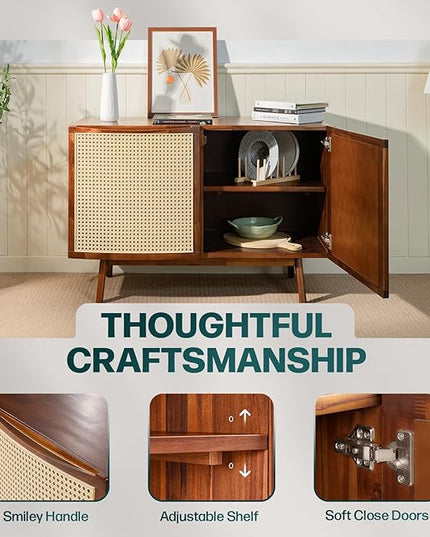 Bme Nancy Accent Cabinet, Elegant Curved Entryway Table with Storage with Soft-Close Doors, Solid Acacia Wood Frame with Adjustable Shelf and Levelers, Easy to Assemble, Anti-Tip Kit Included - LeafyLoom