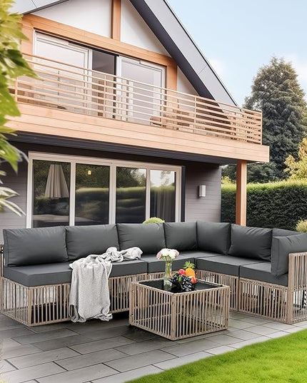 Pamapic 7 Pieces Outdoor Sectional Set, All-Weather PE Rattan Patio Conversation Set, Wicker Adjustable Patio Furniture Set with Washable Cushions Covers and Coffee Table, Brown Rattan, Gray Cushion - LeafyLoom