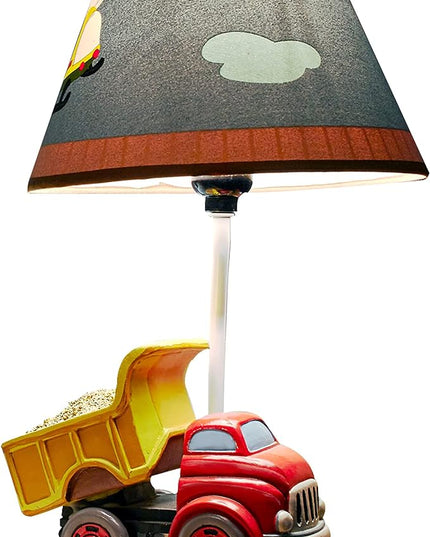 Fantasy Fields Kids Small Table Lamp, Truck Lamp, Car Lamp for Boys Room with Construction Truck Base & Helicopter Printed Shade, Transportation Themed - LeafyLoom