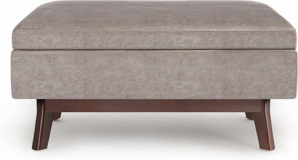 SIMPLIHOME Owen 36 Inch Wide Mid Century Modern Rectangular Coffee Table Lift Top Storage Ottoman in Upholstered Distressed Grey Taupe Faux Leather, For the Living Room - LeafyLoom