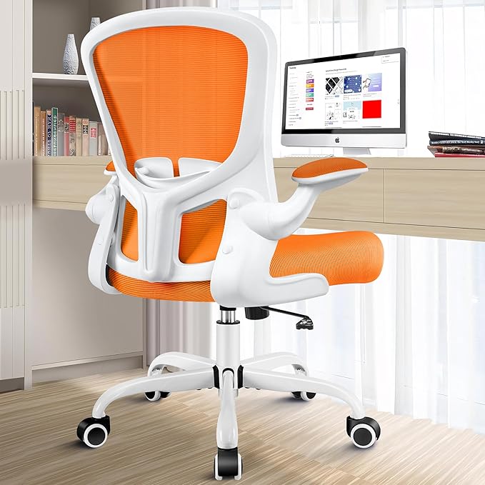 Ergonomic Office Chair, Lumbar Support Desk Chair with Flip-up Armrest and Breathable Mesh, Height Adjustable Swivel Office Chair Orange - LeafyLoom