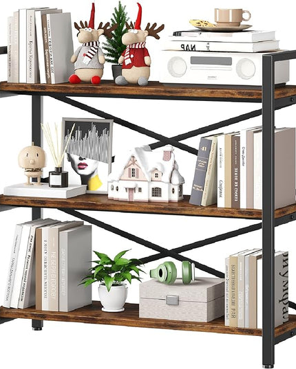 3 Tier Bookshelf 31.49" Width, Wood and Metal Etagere Bookcase, Vintage Farmhouse Modern Wooden Big Book Shelf for Home Living Room Bedroom Office Storage(Rustic Brown) - LeafyLoom