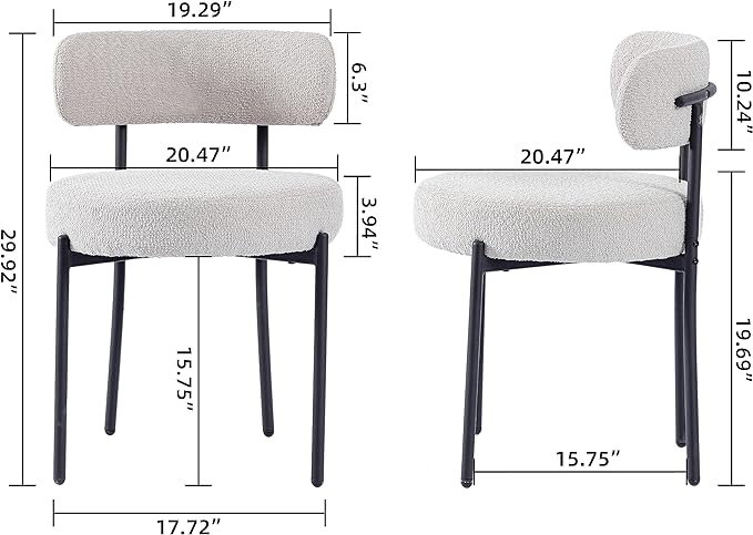 DYHOME Light Grey Dining Chairs Set of 2, Modern Dining Room Chairs Mid-Century, Round Upholstered Kitchen Chairs, Boucle Sherpa Dining Chair with Black Metal Legs - LeafyLoom