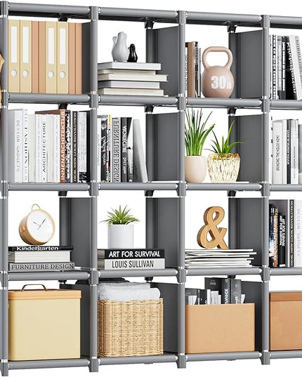 Mavivegue Book Shelf, 16 Cube Storage Organizer, DIY Bookcase, Metal Cube Bookshelf,Tall Book case for Bedroom, Living Room,Office,Closet Storage Organizer, Grey Cubicle Storage Rack - LeafyLoom