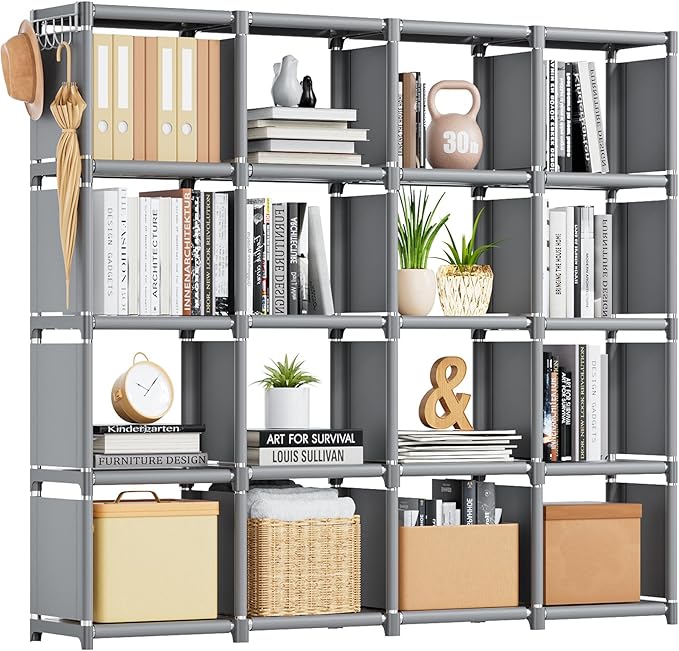 Mavivegue Book Shelf, 16 Cube Storage Organizer, DIY Bookcase, Metal Cube Bookshelf,Tall Book case for Bedroom, Living Room,Office,Closet Storage Organizer, Grey Cubicle Storage Rack - LeafyLoom
