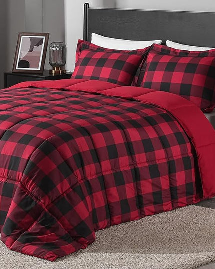 downluxe Lightweight Plaid Comforter Set (King) with 2 Pillow Shams - 3-Piece Set - Red/Black Plaid - Down Alternative Reversible Comforter - LeafyLoom