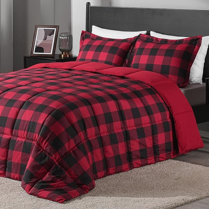 downluxe Lightweight Plaid Comforter Set (King) with 2 Pillow Shams - 3-Piece Set - Red/Black Plaid - Down Alternative Reversible Comforter - LeafyLoom