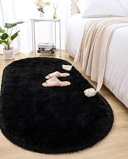 Merelax Soft Shaggy Rug for Kids Bedroom, Oval 2.6'x5.3' Black Plush Fluffy Carpets for Living Room, Furry Carpet for Teen Girls Room, Anti-skid Fuzzy Comfy Rug for Nursery Decor Cute Baby Play Mat - LeafyLoom