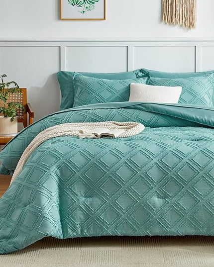 7 Pieces Tufted Bed in a Bag Queen Comforter Set with Sheets Green, Soft and Embroidery Shabby Chic Boho Bohemian, Luxury Solid Color with Diamond Pattern, Jacquard Tufts Bedding Set for All Season - LeafyLoom
