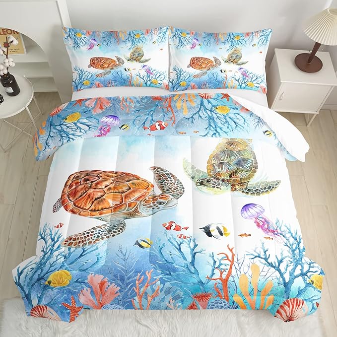 CVHOUSE Sea Turtle Comforter Set,Ocean Watercolor Sea Turtle Bedding Set for Kids Teens,Ocean Sea Turtle Comforter Sea Turtle Duvet Set Room Decor Quilt Set Twin Size - LeafyLoom