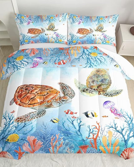 CVHOUSE Sea Turtle Comforter Set,Ocean Watercolor Sea Turtle Bedding Set for Kids Teens,Ocean Sea Turtle Comforter Sea Turtle Duvet Set Room Decor Quilt Set Queen Size - LeafyLoom