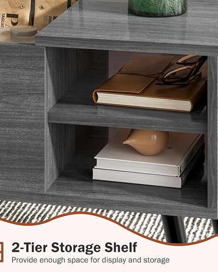 Lift Top Coffee Table with Storage, Oak Grey Coffee Table with Lifting Top, Hidden Compartment and Open Shelves, Mid-Century Modern Wood Coffee Table for Living Room, Small Space - LeafyLoom