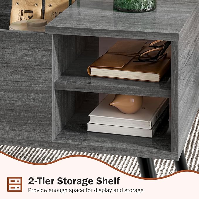 Lift Top Coffee Table with Storage, Oak Grey Coffee Table with Lifting Top, Hidden Compartment and Open Shelves, Mid-Century Modern Wood Coffee Table for Living Room, Small Space - LeafyLoom