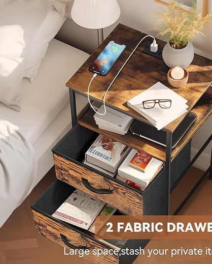Night Stand Set of 2, Bedside Tables with Fabric Drawers, Side Table with Charging Station, LED Nightstand with USB Ports and Outlets, Small End Table for Bedroom, Rustic Brown - LeafyLoom