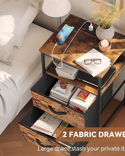 Nightstand with Charging Station, Bedside Table with LED Lights, Side Table with Fabric Drawers and Storage Shelf, Night Station with USB Ports & Outlets, Small End Table for Bedroom, Rustic Brown - LeafyLoom