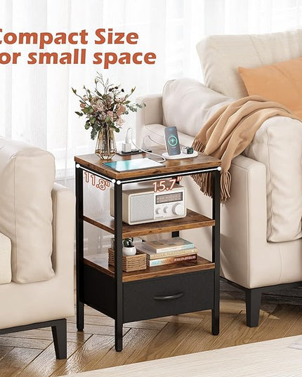SUPERJARE Nightstand with Charging Station, Bed Side Table with Adjustable Fabric Drawer, Night Stand for Bedroom, 3-Tier Storage End Table, for Living Room, Rustic Brown and Black - LeafyLoom