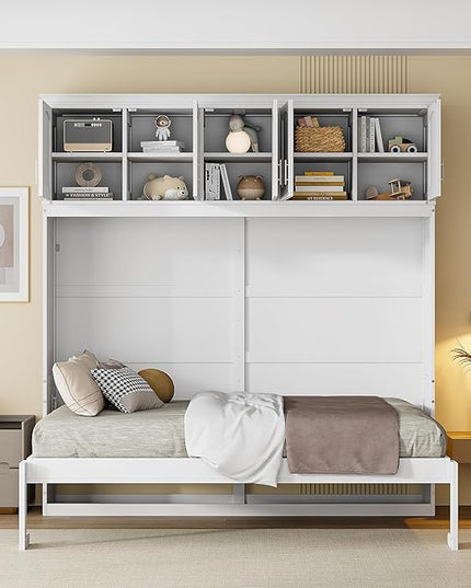 Merax, White Modern Farmhouse Solid Murphy Chest with Top, Tall Wall Platform Bed Space Saving/Wood Slat Support, Full W/Cabinets - LeafyLoom