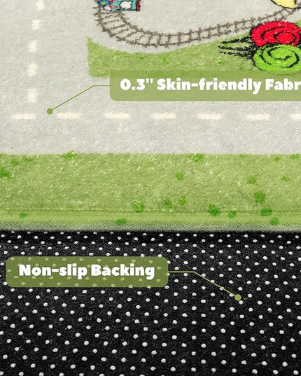LIVEBOX Green Kids Rug for Playroom, 4'x6' Washable Road Rug for Boys Room, Non-Slip Soft Car Rug for Baby Nursery, Large Kids Floor Mats for Boys Girls Dorm Toy Room Tent - LeafyLoom